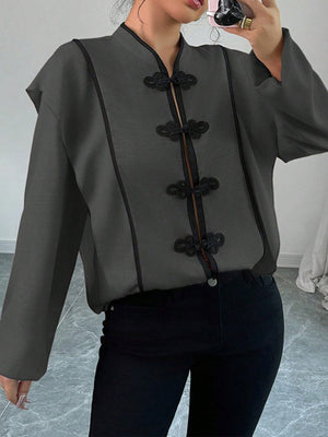 Apricot blouse with hip-length and zip-front