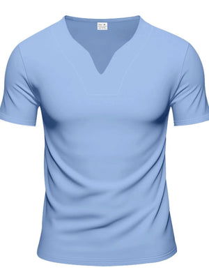 Light blue V-neck performance tee with short sleeves and a subtle stitched detail at the neckline.