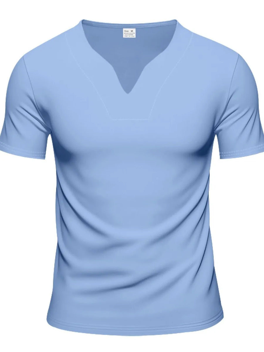 Light blue V-neck performance tee with short sleeves and a subtle stitched detail at the neckline.