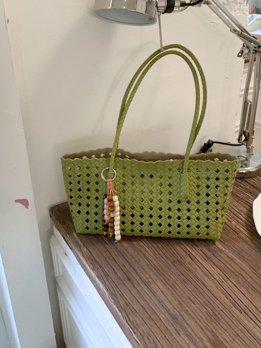 Black shoulder bag with open-top and woven