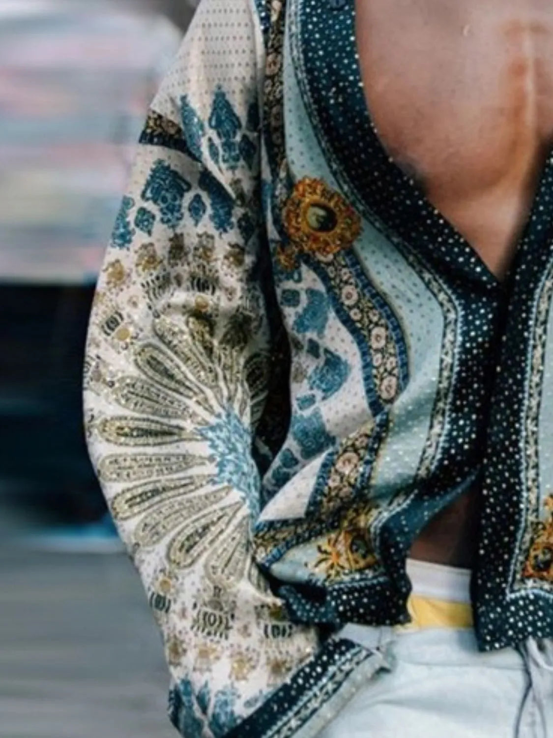 Bohemian print silk open-front shirt with ornate details and a V-neck.
