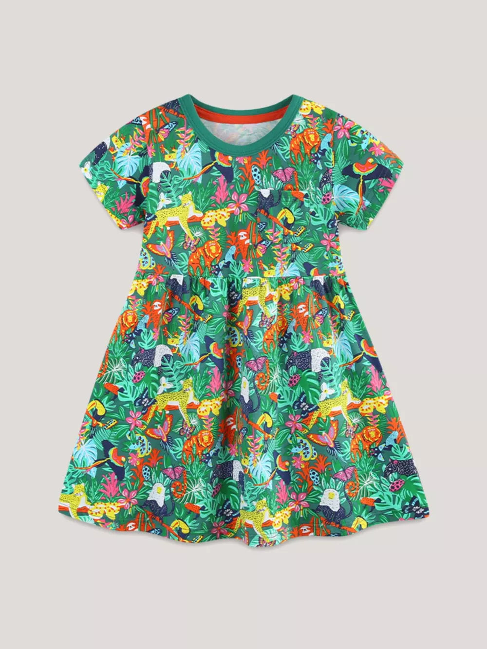 Green cotton toddler dress with jungle animal print, short sleeves, and round neck.