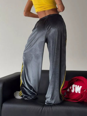 Green wide-leg pants with full-length and drawstring