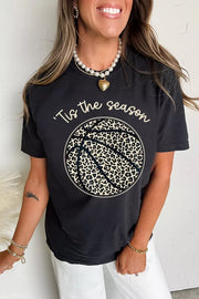 Black t-shirt with leopard print basketball graphic and 'Tis the season text
