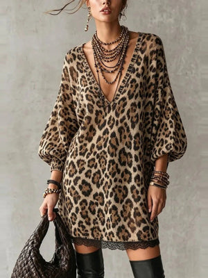 tan mini dress with leopard-print and v-neck