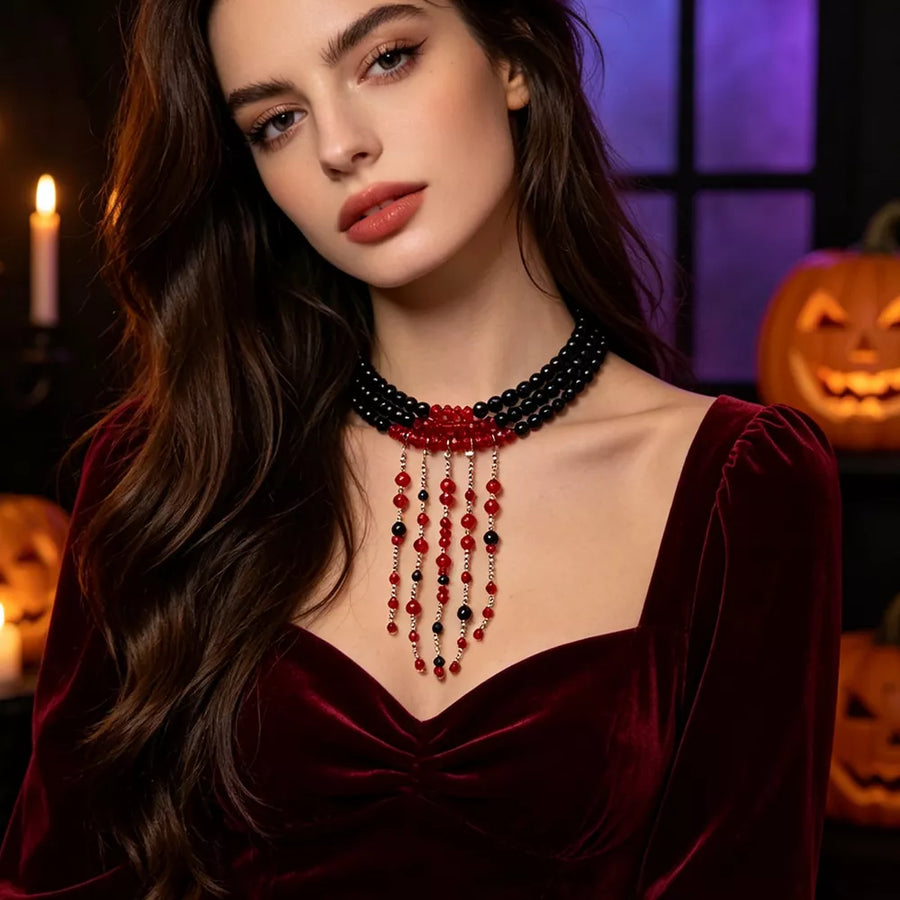 Gothic Multi-layered Beaded Necklace in red with multi-layered