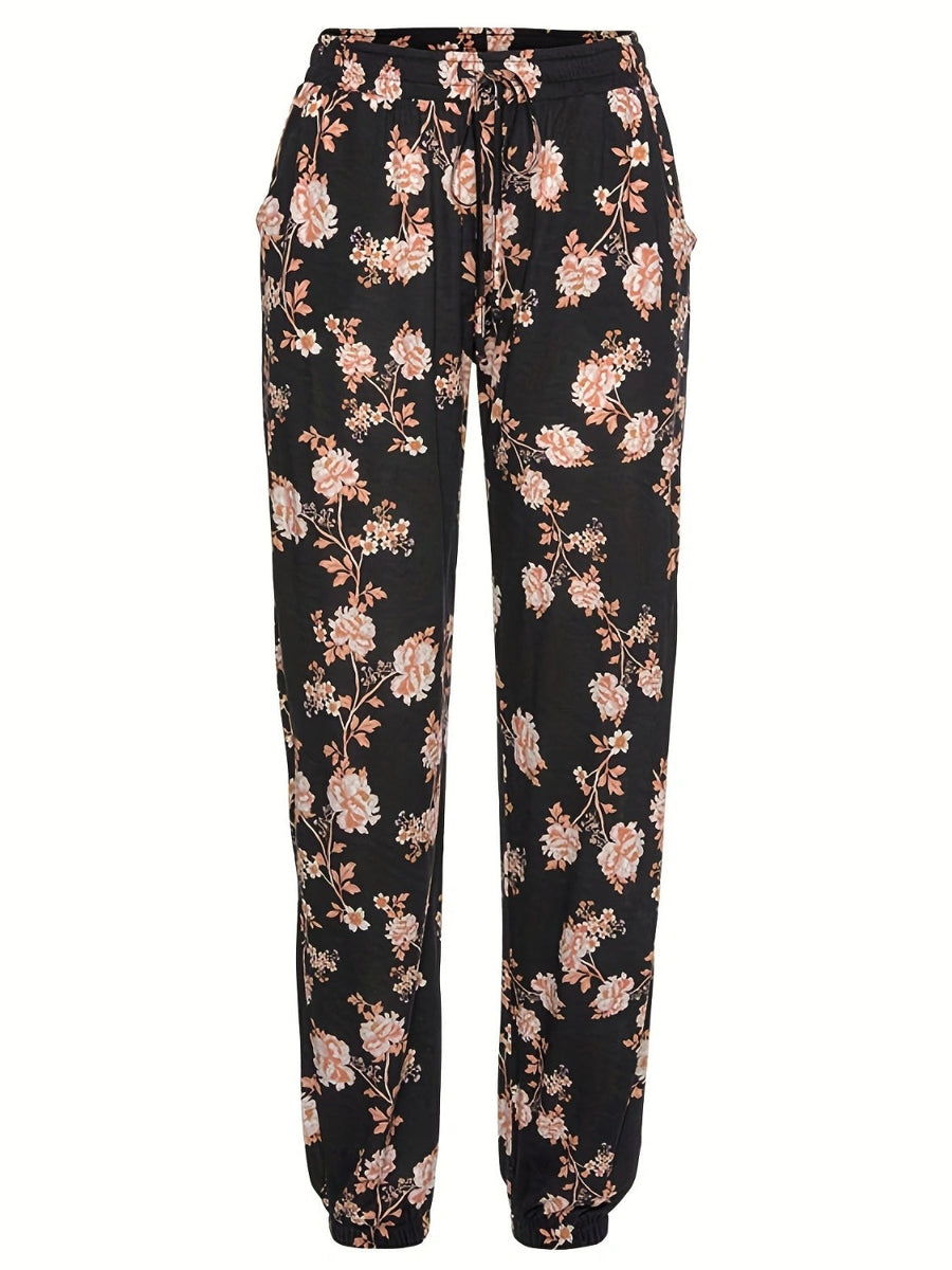 Black floral print drawstring jogger trousers with pockets