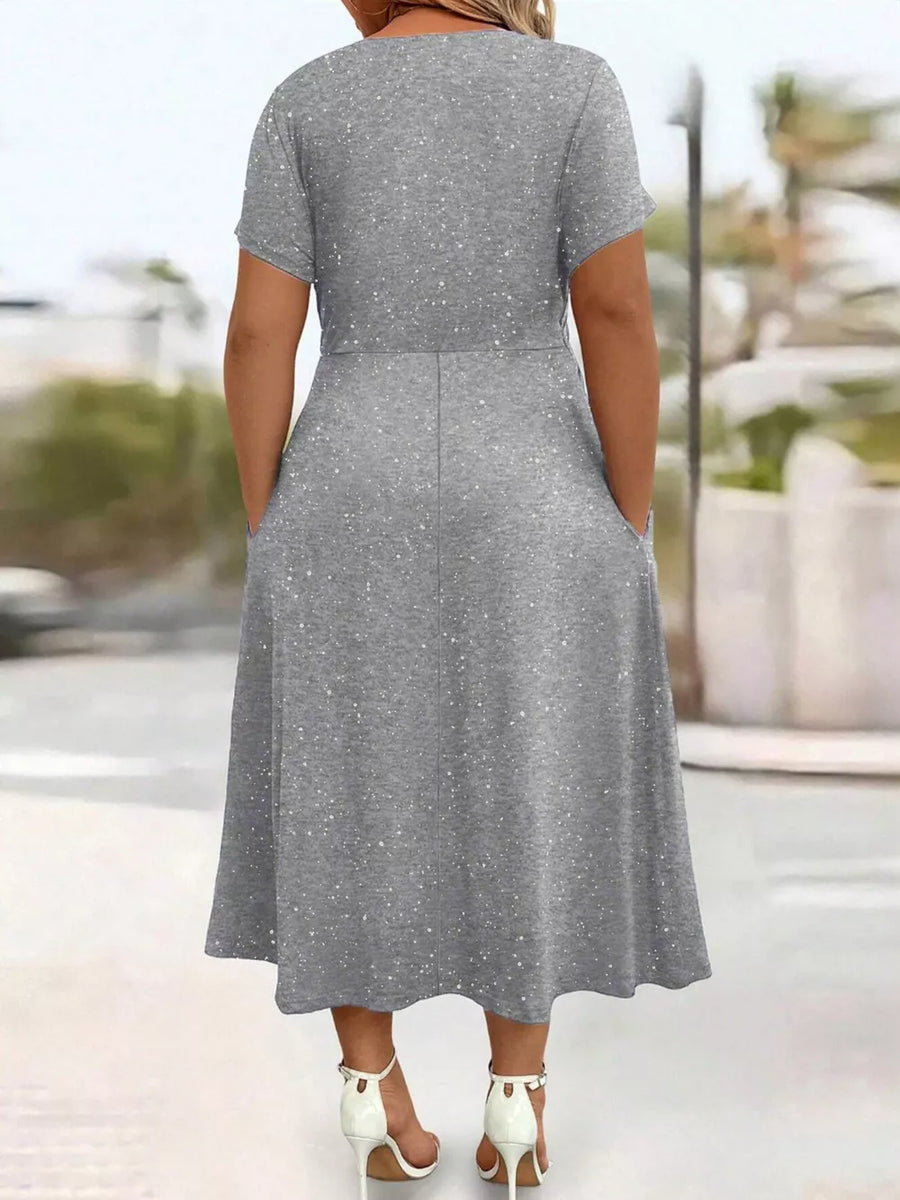 Brown Full Size Glitter Flutter Sleeve Midi Dress Plus Size