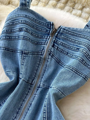 Blue denim A-line dress with a front zipper and stitched details