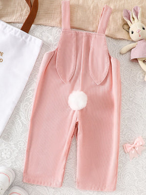 Pink corduroy baby overalls with bunny ears and tail detail