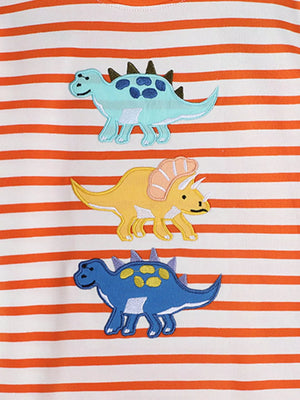 Baby tee with multicolor dinosaur appliques on orange and white stripes