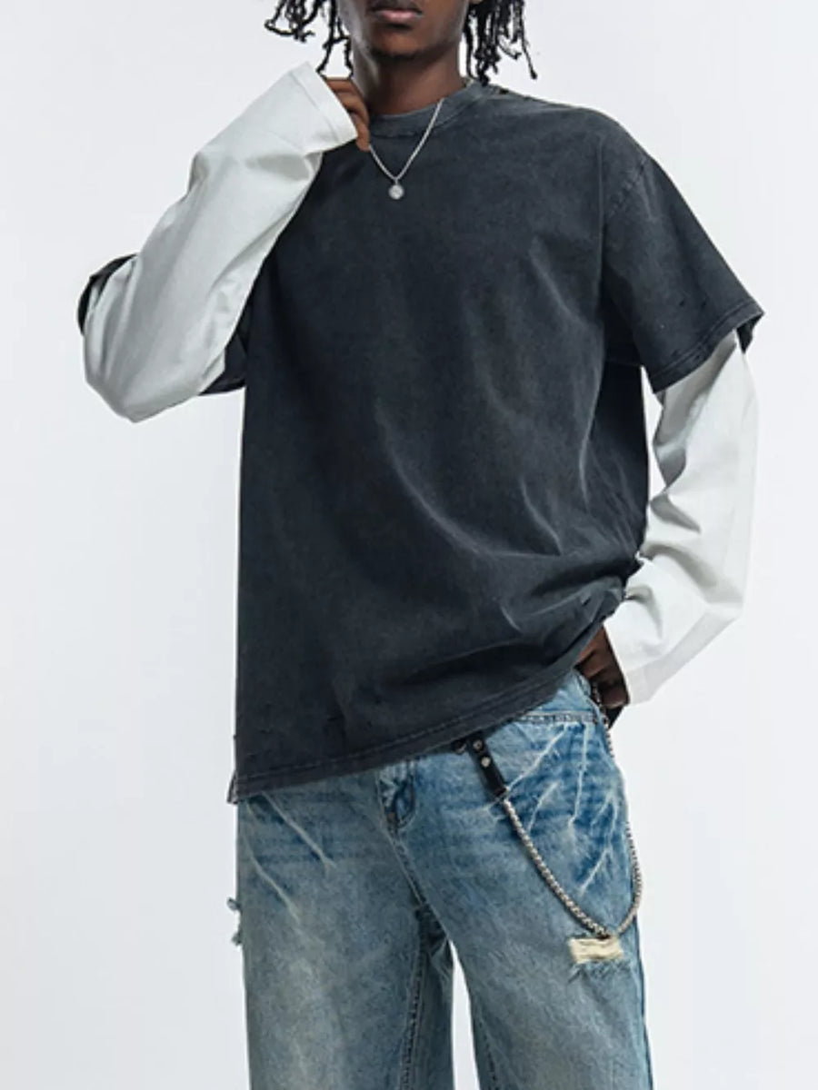 Men's black fake two-piece long sleeve t-shirt with white undersleeve.