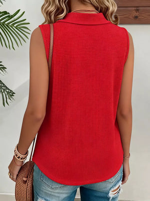 Orange-red Full Size Waffle Knit Button Detail Sleeveless Top