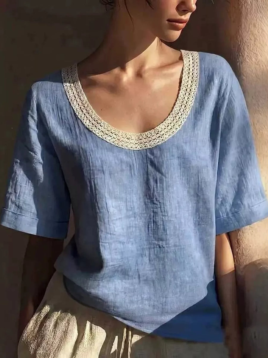 Blue linen short sleeve top with cream lace trim neckline