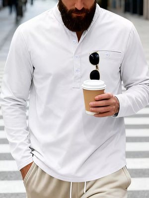 White long sleeve band collar overshirt with button detail and chest pocket.