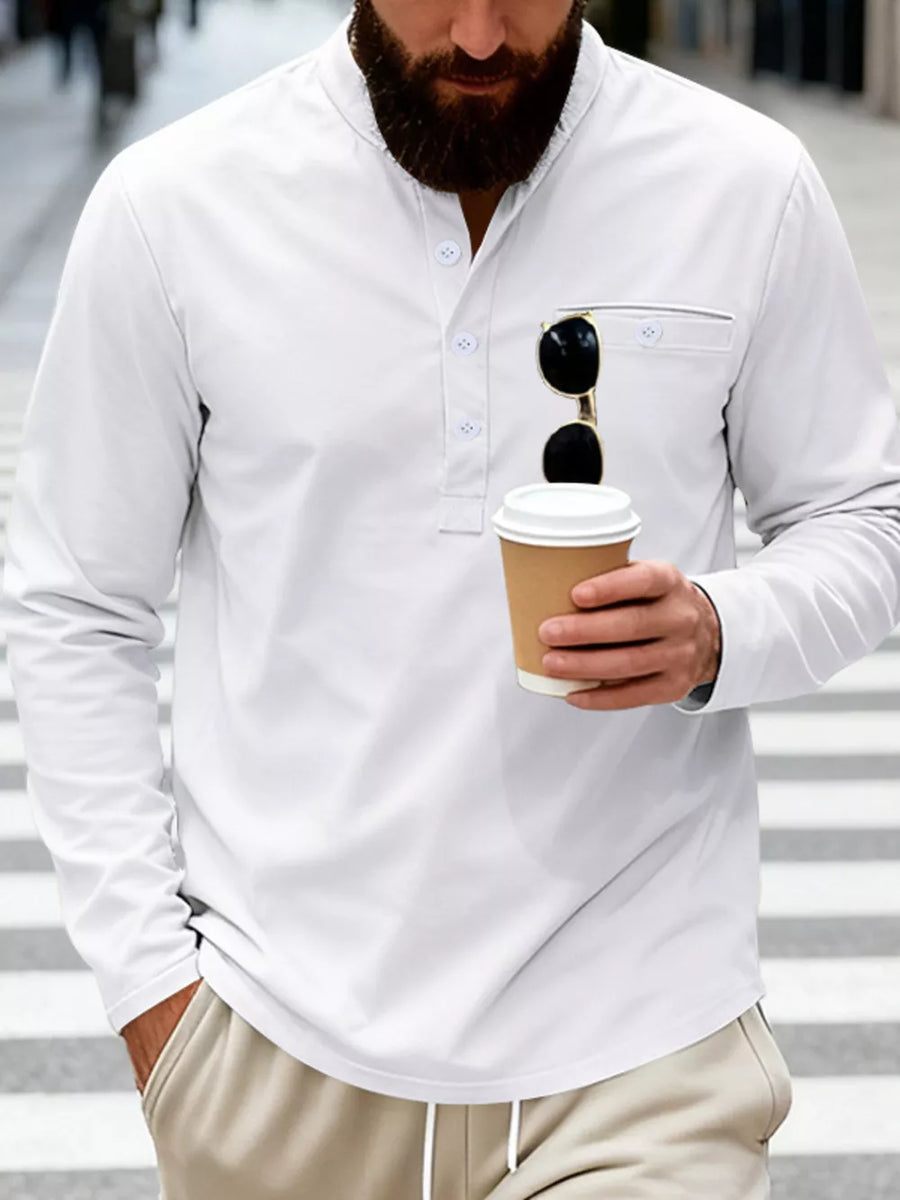 White long sleeve band collar overshirt with button detail and chest pocket.
