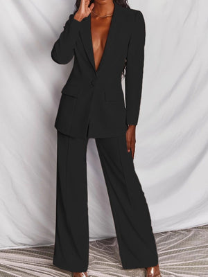 Blue One Button Blazer And Wide-leg Pants Set Plus Size