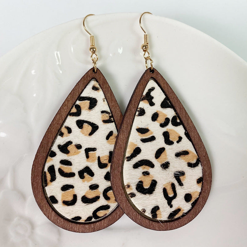 Leopard print teardrop wood earrings with gold hooks