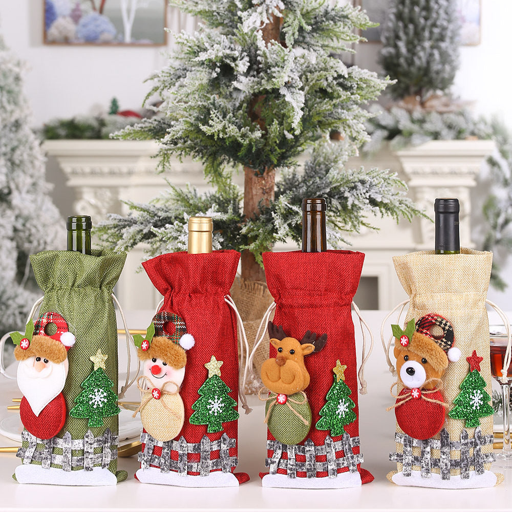 Festive wine bottle gift bags with Santa, Snowman, Reindeer, and Bear designs.