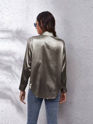 Satin finish button-up shirt in taupe with a relaxed fit and button cuffs.