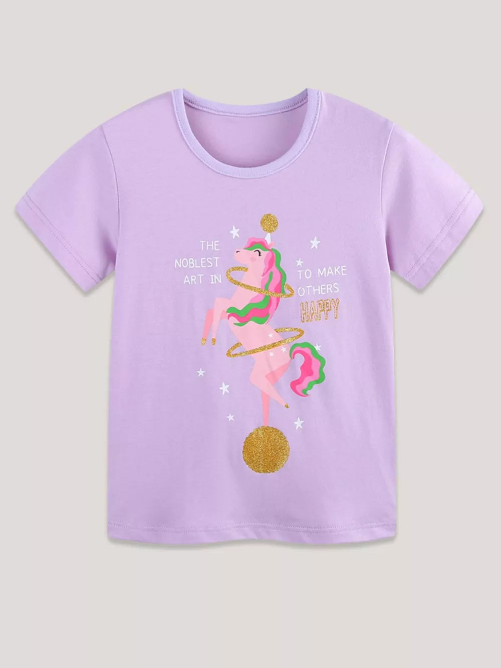 Lavender cotton toddler t-shirt with a pink unicorn graphic and glitter accents.