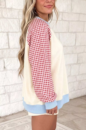 Plaid Raglan Sleeve Sweatshirt in Burnt Coral