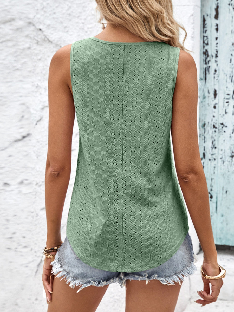 Sage eyelet tank top with crisscross detail and scoop neck