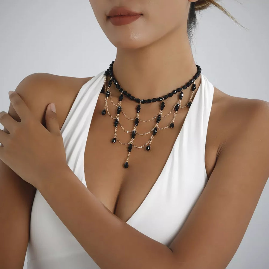 Beaded Choker Necklace With 18k Gold in Black
