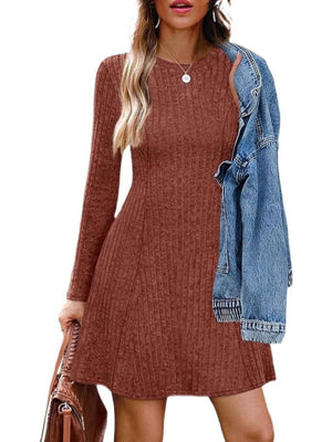 100% polyester Care instructions: Machine wash cold sweater dress in Mocha with A-line silhouette