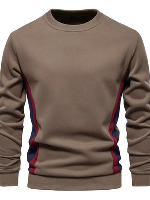 Taupe crew neck sweatshirt with navy and red side panel details.