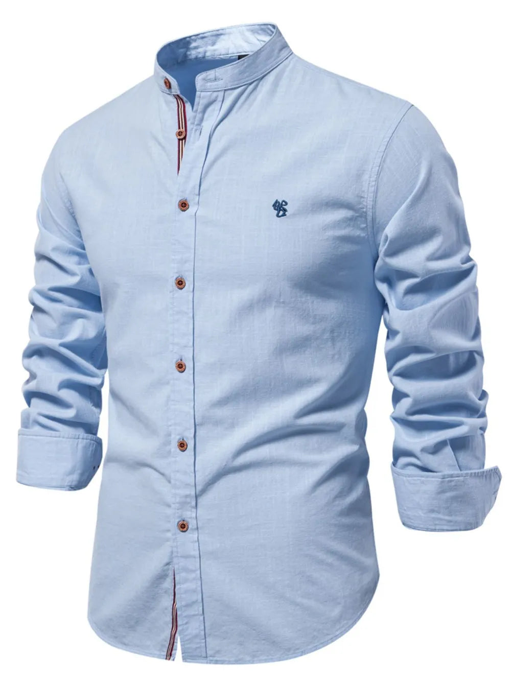 Light blue linen shirt with mandarin collar, button front, and embroidered detail.