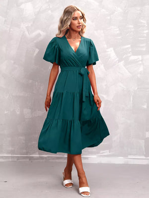 Dark Green flutter sleeve tiered midi dress with V-neck and belted waist