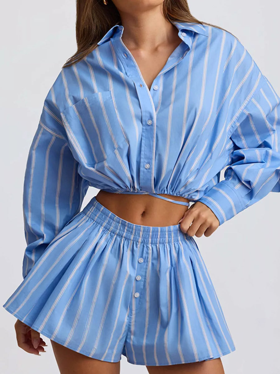 Blue striped cotton shirt and shorts set with button front and drawstring waist