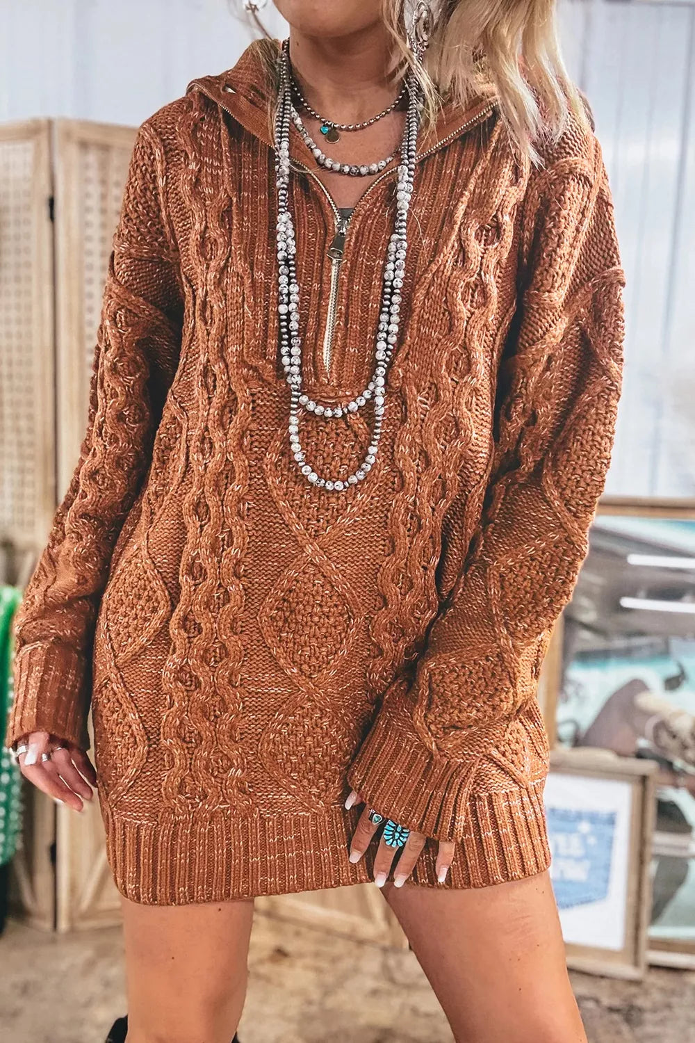 sweater dress in Caramel with cable knit and cable-knit