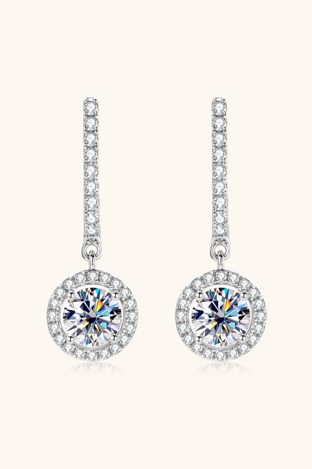 Silver pavé halo drop earrings with round center stone