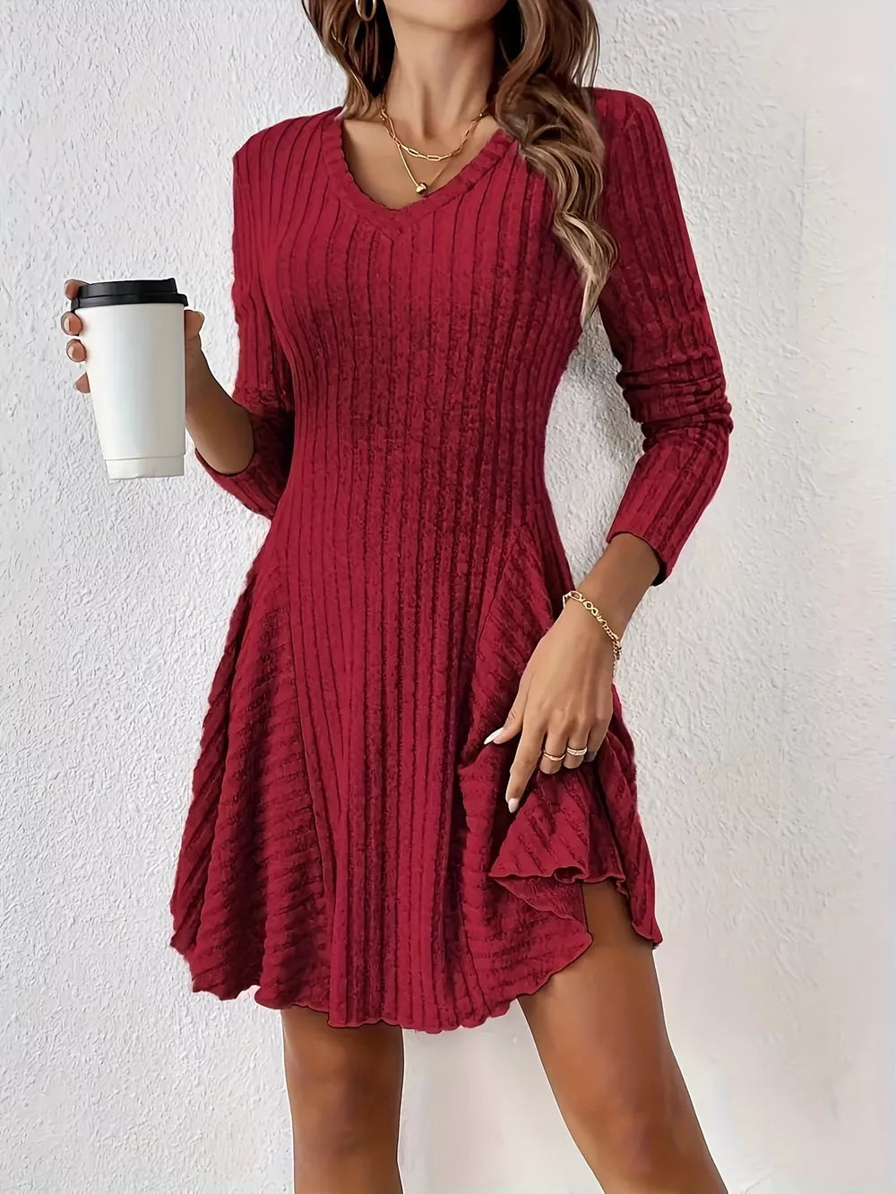 modern sweater dress in Rust with v-neck