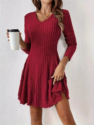 modern sweater dress in Rust with v-neck