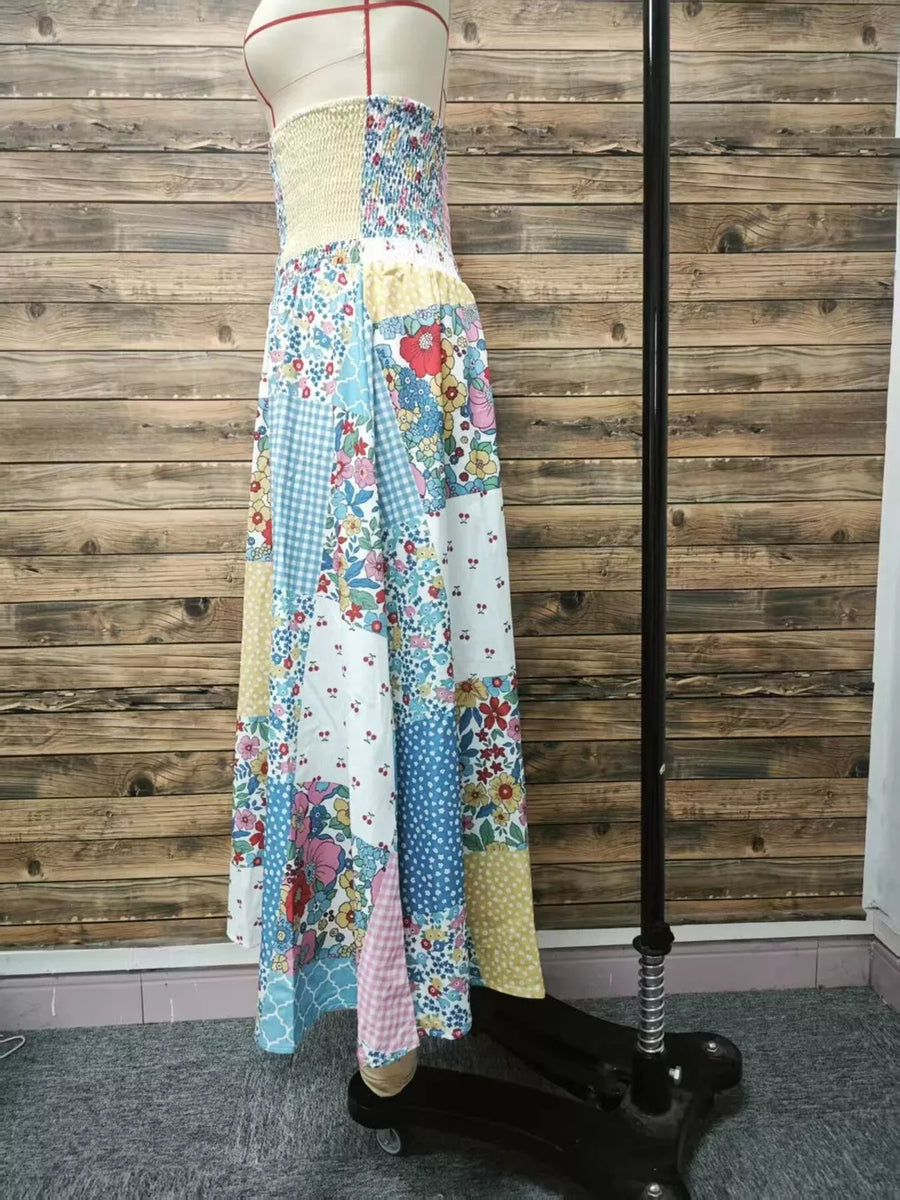 maxi skirt in white with patchwork and tiered