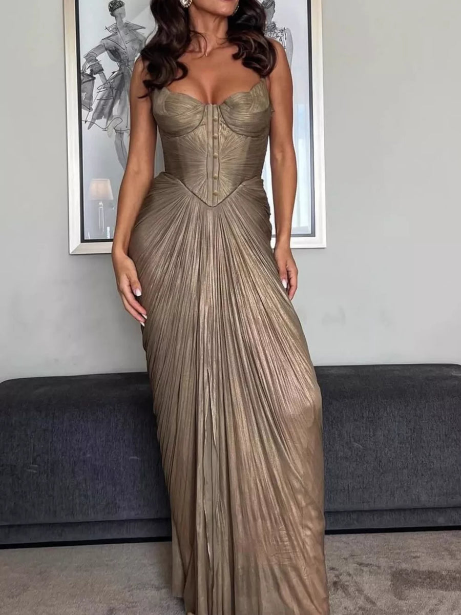 Luxe metallic gold corset maxi gown with ruched skirt and button detail.