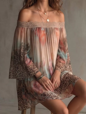 coral pink mini dress featuring lace detail and floral