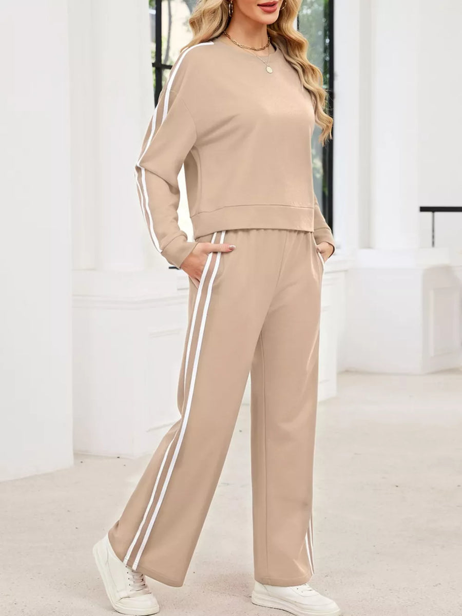 Red Striped Round Neck Sweatshirt And Pants Set