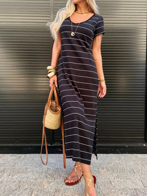 Black and white striped midi t-shirt dress with short sleeves and v-neck.