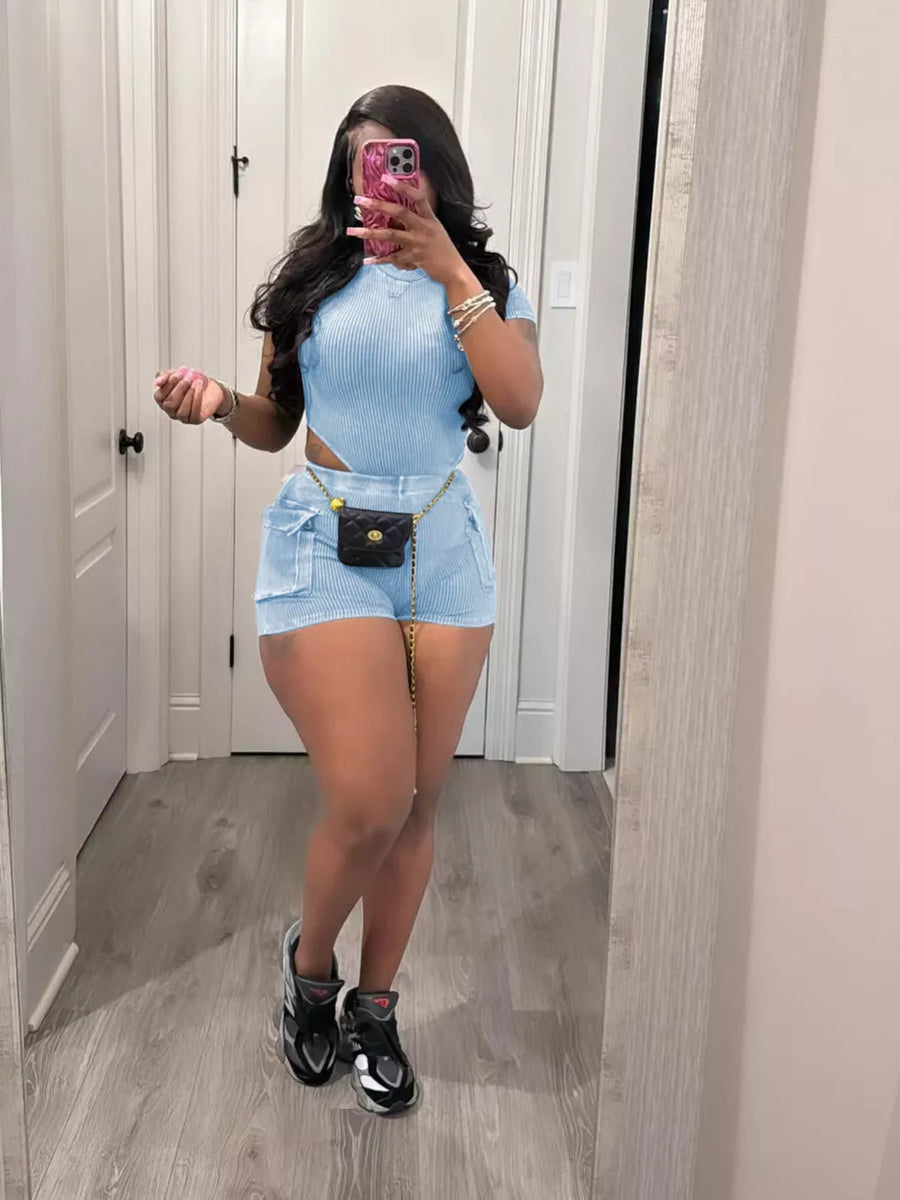 Sky blue ribbed crop top and pocket shorts set with a gold chain belt