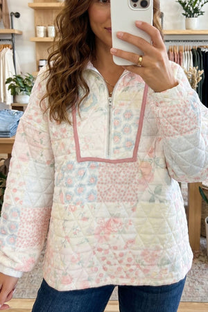 cream sweatshirt with floral and mock neck
