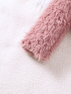 Dusty pink faux fur jacket sleeve detail on white sherpa background