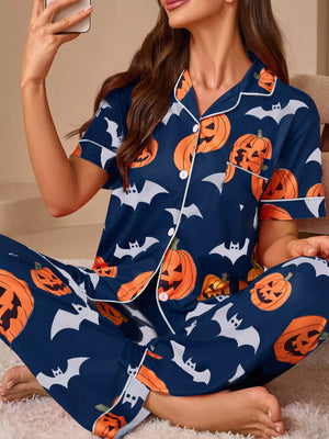 navy blue pajama set with novelty print and collared