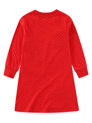 Red long-sleeve baby dress with white polka dots and ribbed cuffs.