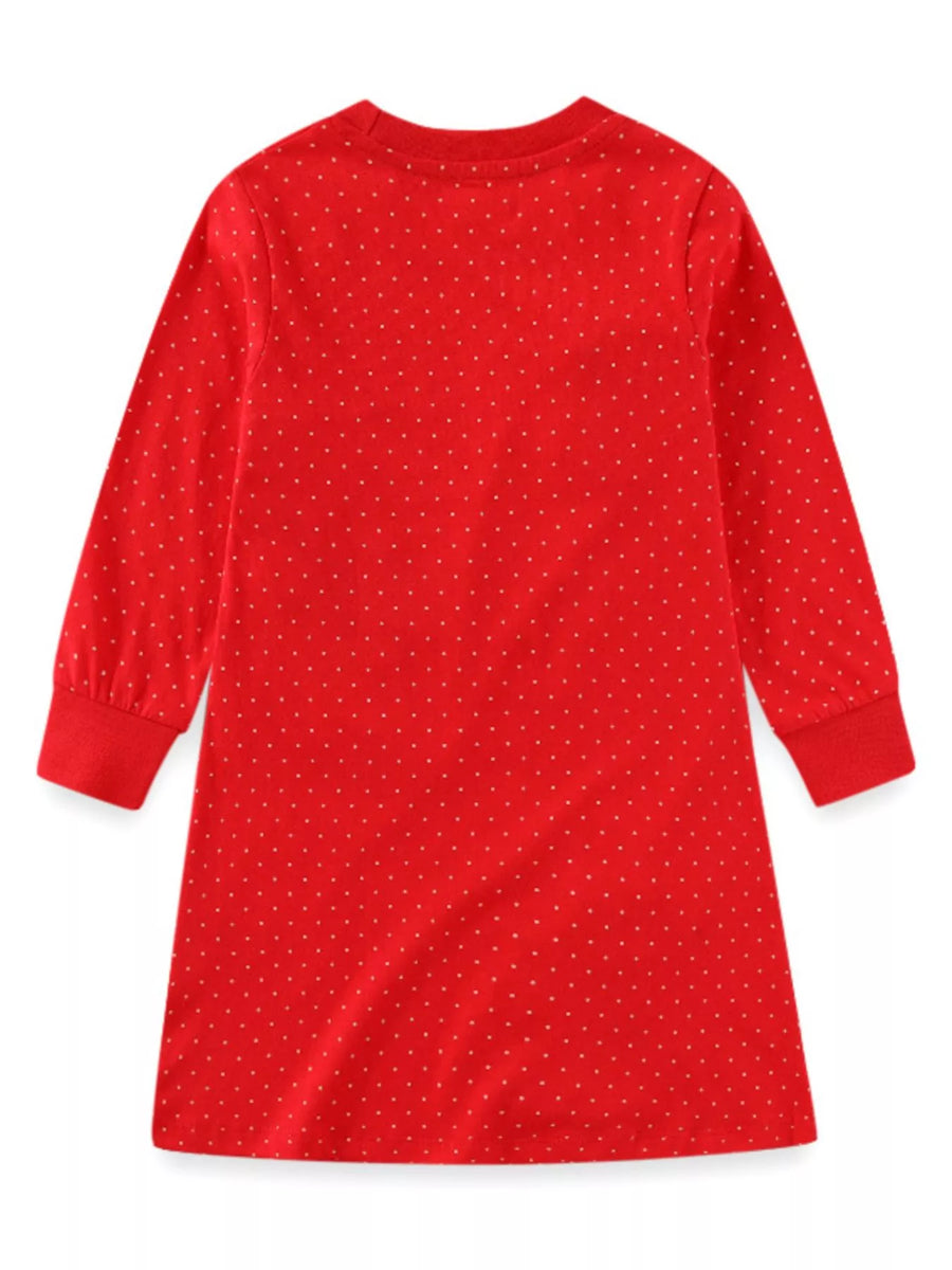 Red long-sleeve baby dress with white polka dots and ribbed cuffs.