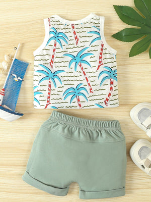 Baby set with palm tree print tank top and light green drawstring shorts
