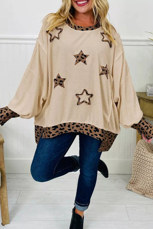 Khaki with Contrast Leopard Star Patchwork Sweatshirt